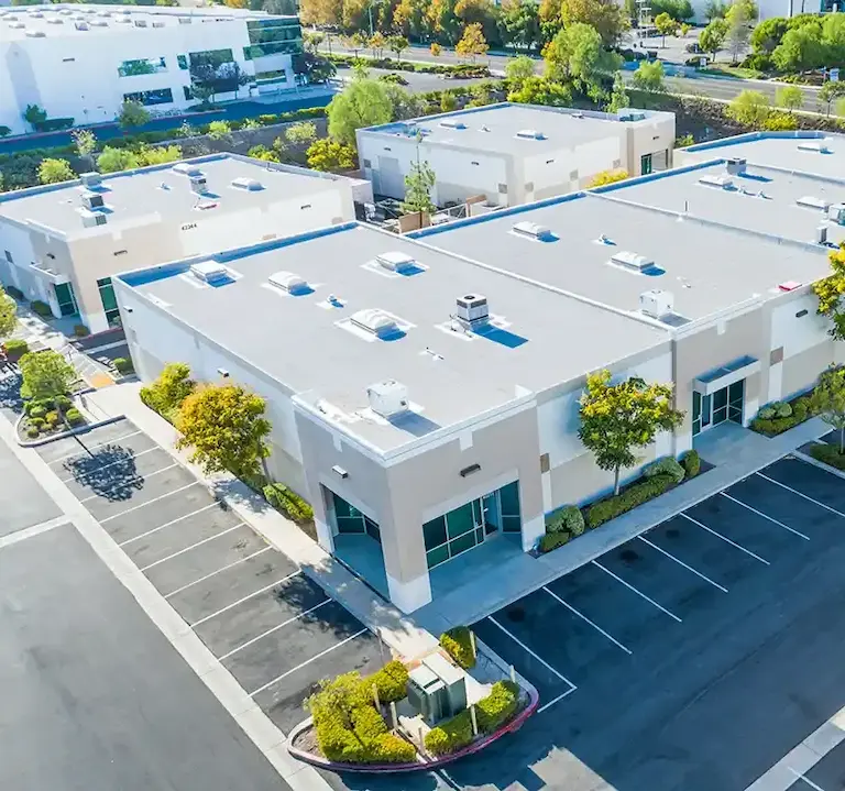 Overhead view of commercial buildings