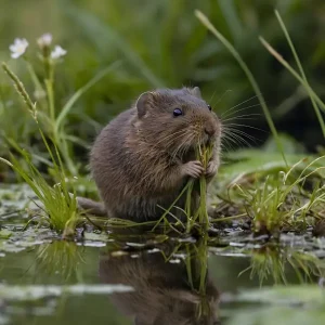 Meadow Vole chewing on grass near water