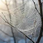 A spider web on a frosty tree outside.
