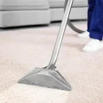 A professional cleaner using a heavy-duty steam cleaning wand to treat a light-colored carpet in a living room.