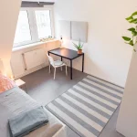 A bright, tidy college dorm room featuring a single bed, a black desk with a chair, and a striped area rug.