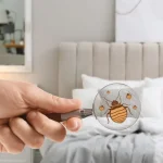 A hand holding a magnifying glass that reveals an illustration of bed bugs crawling on the pillows of a bed.